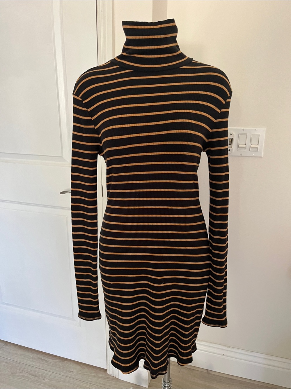 BDG Black and Tan Striped Turtleneck Bodycon Dress